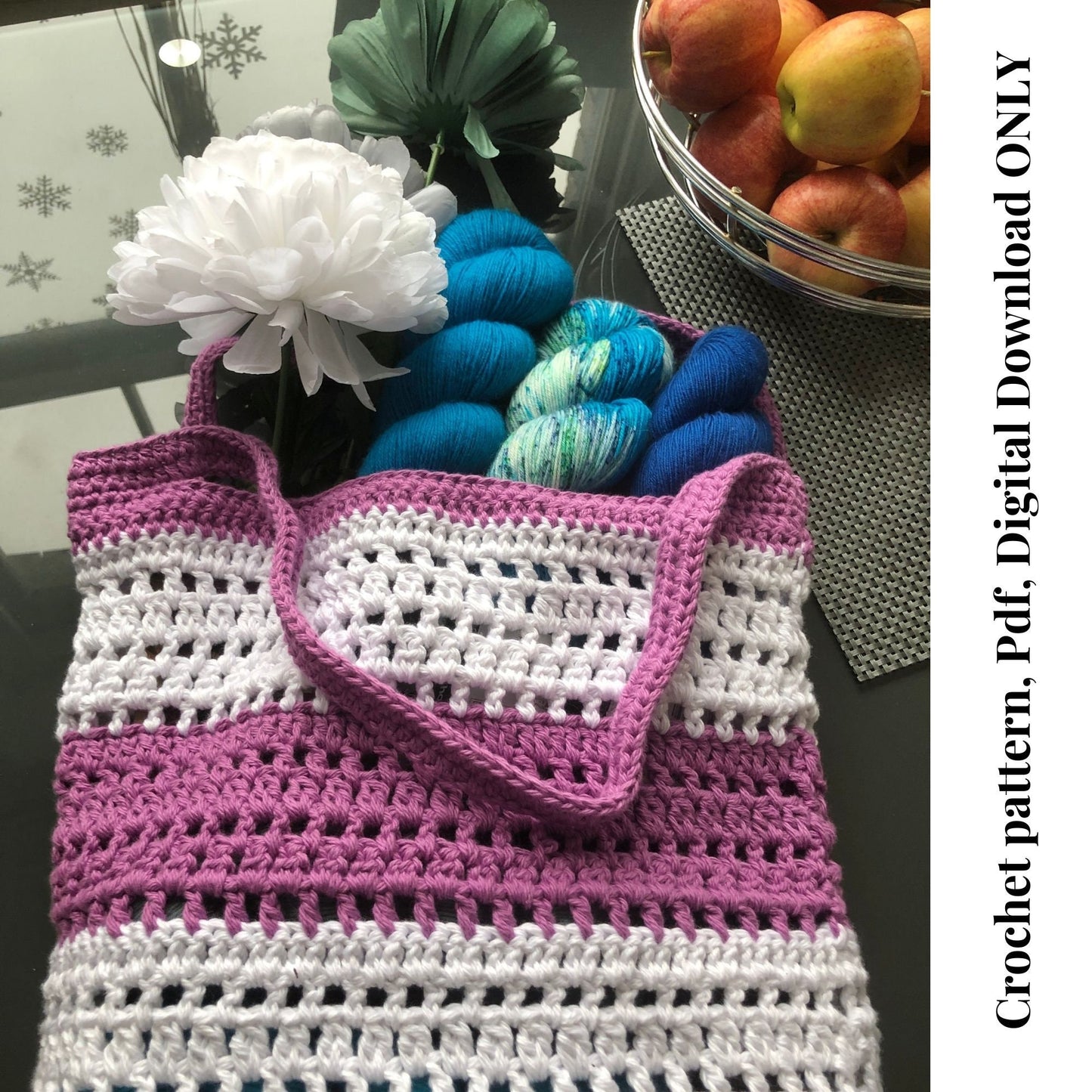 Key West Market Tote Crochet Bag pdf pattern, Beginner crochet market bag pattern digital download, easy diy crochet produce tote bag